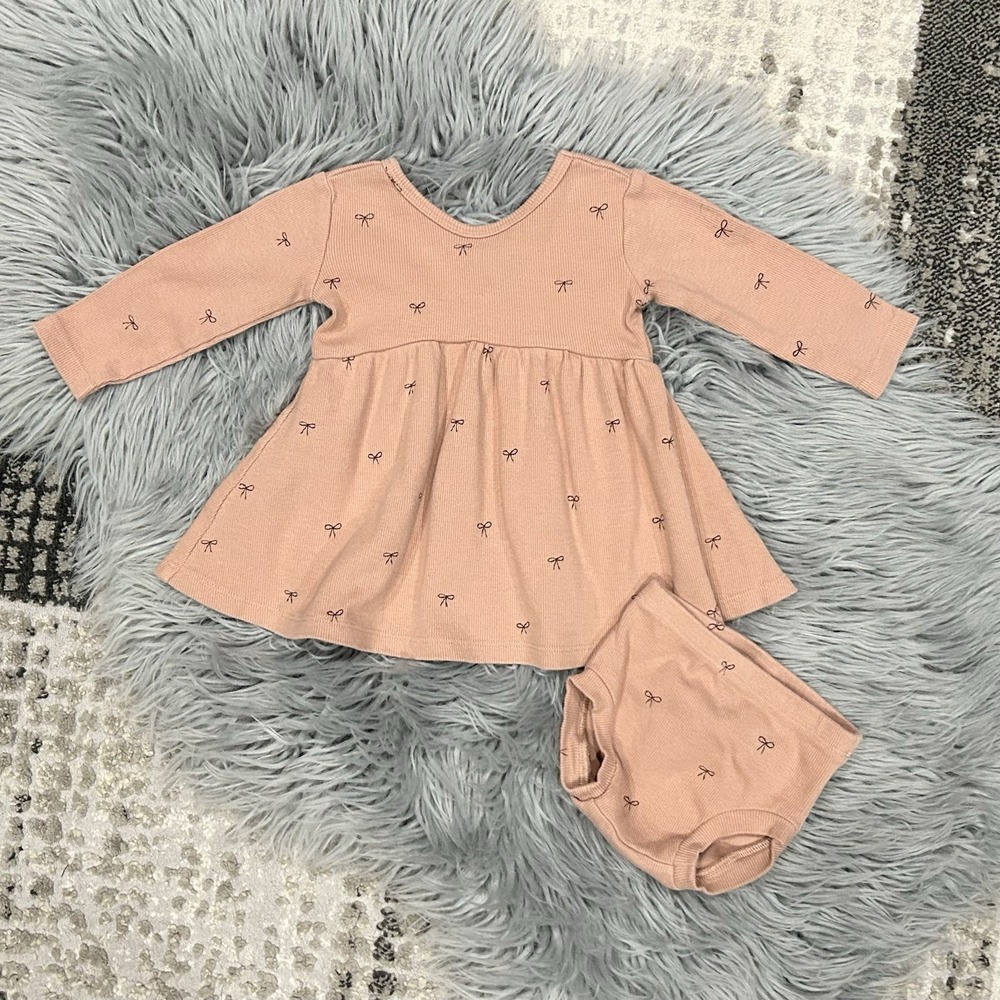 Quincy Mae Bow Print Long Sleeve Jersey Dress W/Matching Bloomers Size 3-6month
